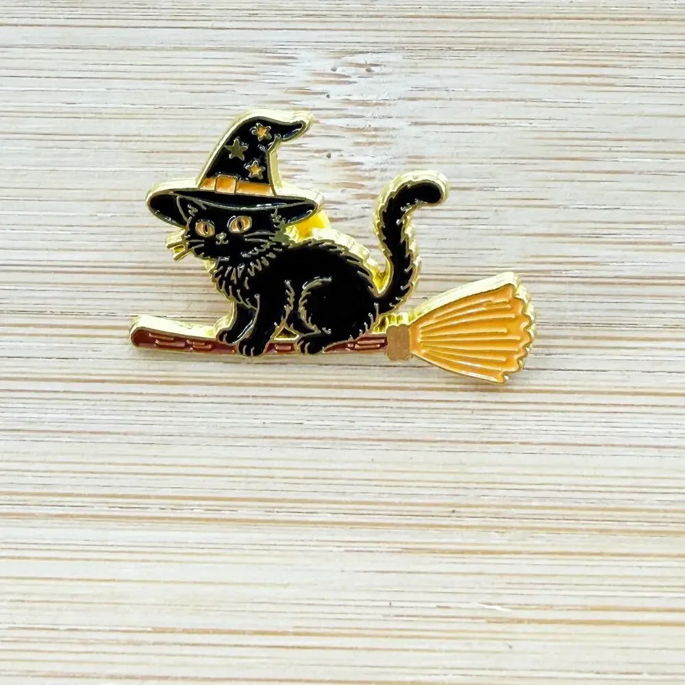 Black Cat Witch Enamel Pin Broomstick Witchy Halloween Spooky Soft Enamel